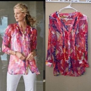 Soft Surroundings V Notch Button Down Floral Blouse Size Large | Boho Chic